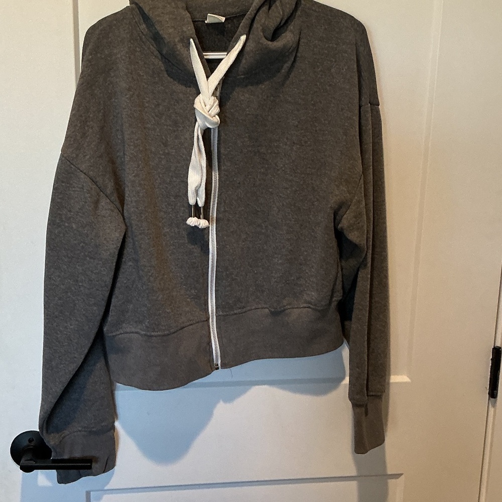 Charcoal Zip-Up Hoodie with White Accents.  B8